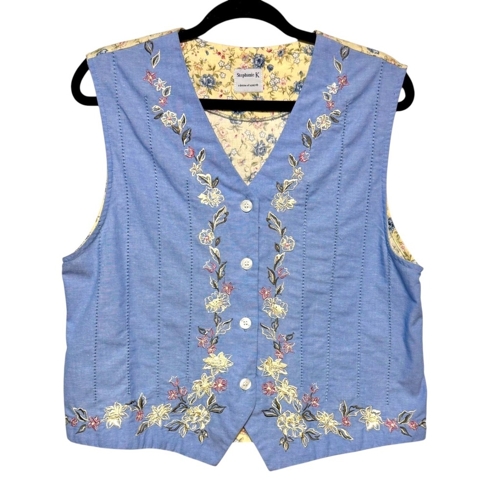 Vintage Stephanie K‎ Cottagecore Embroidered Floral Vest Womens Size M Soft Girl